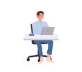Business man freelancer cartoon character working on laptop computer sitting at desk table Royalty Free Stock Photo
