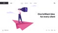 Business Man Future Planning Strategy Vision Website Landing Page. Man Stand on Huge Paper Airplane Watching to