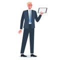 Business man with gadget. Male character in suit holding tablet. Royalty Free Stock Photo