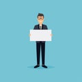 Business man giving presentation with white empty banners. Business flat vector illustration. Royalty Free Stock Photo