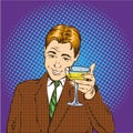 Business man with glass of champagne celebrates closed deal. Cheers and party concept vector illustration in retro pop Royalty Free Stock Photo