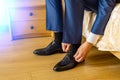 Business man or groom dressing up with classic elegant shoes Royalty Free Stock Photo