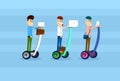 Business Man Group Ride Segway Electric Scooter Use Laptop Tablet Computer Smart Phone Social Network Communication Royalty Free Stock Photo