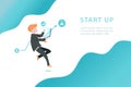 Business man with growth curve of money, investment for successful, flat design landing page vector illustration