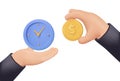 Business man hand exchanging time and money to each other. Time management, marketing, job rate. 3D cartoon icon. 3D Royalty Free Stock Photo