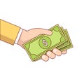 Business man hand giving dollar bills cash money