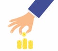 Business man hand hold gold coin and stacks with coins on white background vector illustration in flat design. Royalty Free Stock Photo