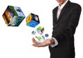 Business man hand holding with cube symbol image industry image