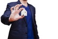 Business man hand holding home model with white space background for house mortgage adversiting concept Royalty Free Stock Photo