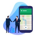 Business man hand shake with point on smartphone. the concept of communication, transportation, navigation and travel. Royalty Free Stock Photo