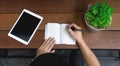 business man hand using laptop and write note inspire idea on wood