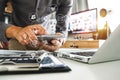 business man hand working with laptop computer, tablet and smart phone Royalty Free Stock Photo