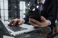 business man hands busy using cell phone at office desk Royalty Free Stock Photo