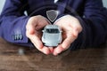 Business man hands holding car and shield icon , car insurance concept Royalty Free Stock Photo