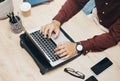 Business man, hands and laptop on desk, information technology and tech support top and working in office. Typing Royalty Free Stock Photo