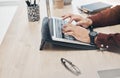 Business man, hands and laptop keyboard, information technology and tech support and working in office. Typing, glitch Royalty Free Stock Photo