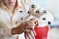 Business man hands touching screen of smart watch with application icons displayed on a technology interface. Royalty Free Stock Photo