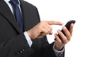 Business man hands touching a smart phone screen