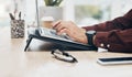 Business man, hands and typing on laptop, information technology and tech support and working in office. Keyboard Royalty Free Stock Photo