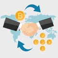 Business man handshake with coins currency Bitcoin, dollar, yen, euro, gbp and pound sterling on world map background. Royalty Free Stock Photo