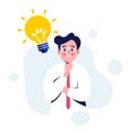 Business man having creative idea. Business man standing with idea light bulb above his head Royalty Free Stock Photo