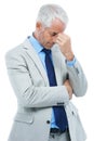 Business man, headache and stress against a white background about accounting. Manager pain from migraine, pressure