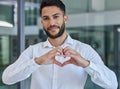 Business man, heart emoji and smile of CEO, boss or leader for charity, support and thank you sign in office with Royalty Free Stock Photo