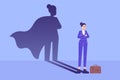 Business man hero concept. Young business woman standing confidently with superhero shadow. Leadership super hero in business. Royalty Free Stock Photo