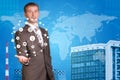 Business man hold cloud icons. Building as Royalty Free Stock Photo