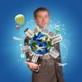 Business man hold Earth with buildings. Airplane Royalty Free Stock Photo