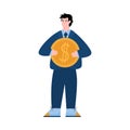 Business man holding big golden coin with dollar sign. Money and finance Royalty Free Stock Photo