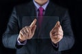 Business man holding blank futuristic transparent mobile, smart