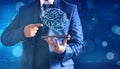 Business man holding digital Human brain structure, Creative brain concept background, Innovation and artificial intelligence