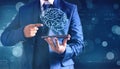 Business man holding digital Human brain structure, Creative brain concept background, Innovation and artificial intelligence