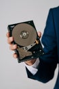 business man holding disassembled hard drive on gray background Royalty Free Stock Photo