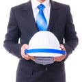 Business man holding engineer helmet isoleted