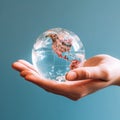 Business man holding glass ball in his hand symbol for global business,Concept for environment and conservation and save clean Royalty Free Stock Photo