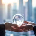 Business man holding glass ball in his hand symbol for global business,Concept for environment and conservation and save clean Royalty Free Stock Photo