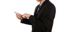 Business man holding glass transparent mobile, smart phone