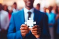 Business man holding a peice of jigsaw puzzle, solution business concept, generative AI