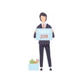 Business man holding placard with Need job lettering, unemployed male job seeker, office worker fired from job vector Royalty Free Stock Photo