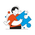 Business man holding puzzle piece with check mark vector flat illustration. Brainstorming, idea