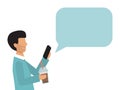 Business man holding smartphone with speech bubble. Man holds a phone with speech bubble chat vector illustration. Men Royalty Free Stock Photo