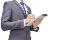 Business man holding tablet, smart phone with mouse pen, isolate background of business man for conceptual