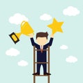 Business man holding the trophy and catching the star show his successful. Vector illustration Royalty Free Stock Photo