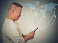 Business man holding using smartphone connected browsing internet worldwide Royalty Free Stock Photo