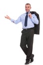 Business man holds his jacket on his shoulder and smiles Royalty Free Stock Photo