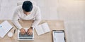 Business man, home office and computer working of a digital employee in a house busy. Businessman email above view, web