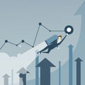 Business Man With Jet Pack Over Finance Graph Arrows Up Project Successful Startup Concept