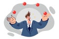 Business man juggles tossing red balls as metaphor for multitasking and professional skills